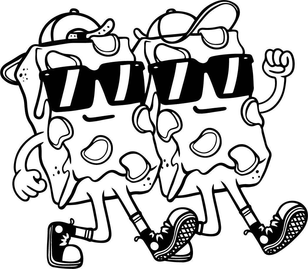 Black and white cartoon of two slices of pizza with arms and legs wearing sunglasses and sneakers, walking together.